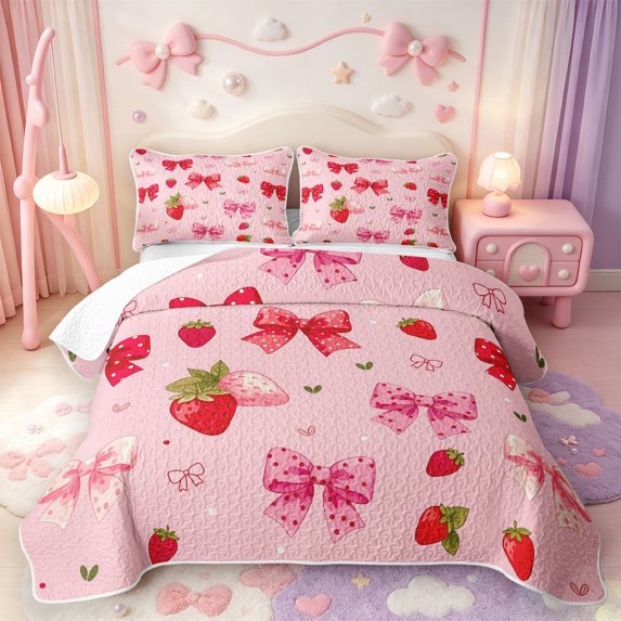 Manfei 3D Cartoon Strawberry Twin Quilt Set,Pink Cute Bow Twin Coverlet Set,3pcs,1 Bedspread and 1 Pillowcase