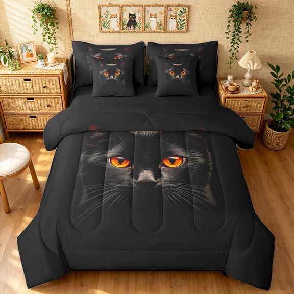 Manfei 3D Cat Print Twin Bedding, Dark Animal Art Bedding Comforter Set, Black Orange, Black Reversible, 7pcs