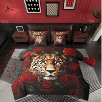 Manfei 3D Cheepah Twin Bedding Sets 7-Piece for Kids, Wildlife Leopard Animal Bedding Comforter Set, Romantic Red Rose Reversible Sheet Sets, Super Cozy Room Decor