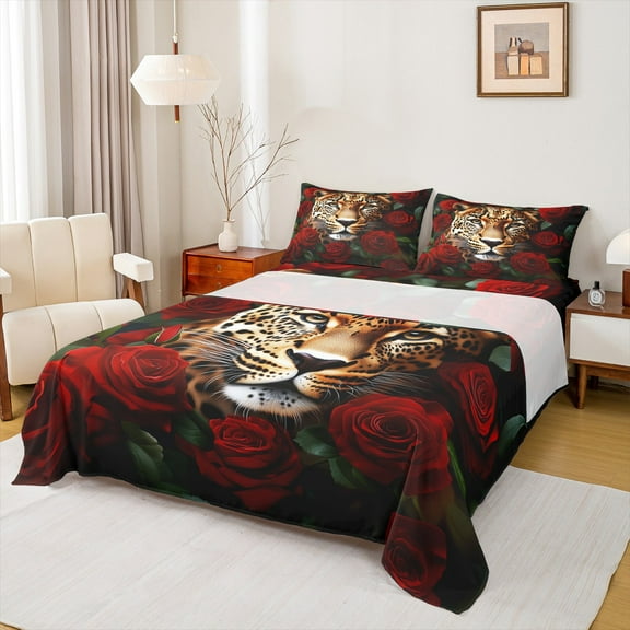 Manfei 3D Cheepah Twin Sheet Sets for Kids, Wildlife Leopard Animal Twin Fitted Sheet, Romantic Red Rose Flat Sheet, Super Cozy Room Decor, 3-Piece