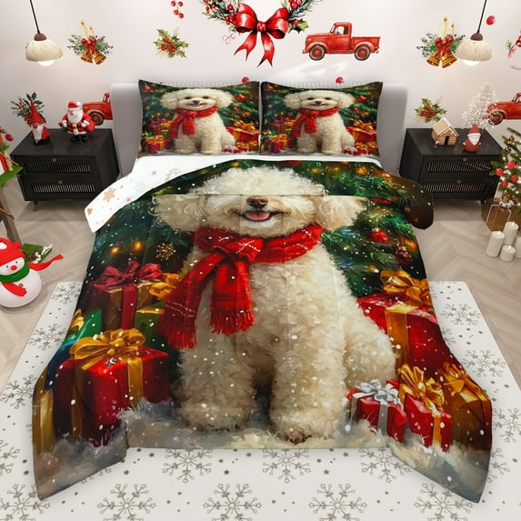 Manfei 3D Christmas Dog Bedding Comforter Set, Cute Pug Animal Twin Comforter Sets, Winter Xmas Tree Gifts Reversible Bedding Set, Breathable Home Decor, 2-Piece
