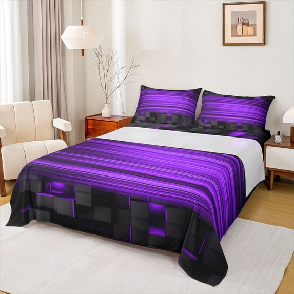 Manfei 3D Cube Neon Light Bed Sheets, Purple Gradient Stripe Fuul Size Sheets, Purple Black, Black Reversible 4pcs1 Flat Sheet + 1 Fitted Sheet + 2 Pillowcases