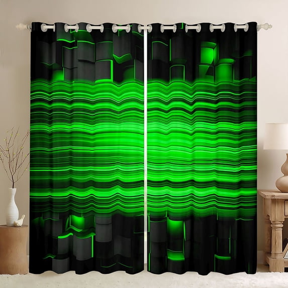 Manfei 3D Cube Neon Light Blackout Curtains, Green Gradient Stripe Curtains Pack of 2 (42x84 Each), Green Black
