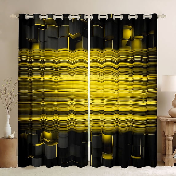Manfei 3D Cube Neon Light Blackout Curtains, Yellow Gradient Stripe Curtains Pack of 2 (42x84 Each), Yellow Black