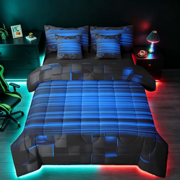 Manfei 3D Cube Neon Light Queen Bedding, Blue Gradient Stripe Bedding Comforter Set Queen, Blue Black, Black Reversible 7pcs