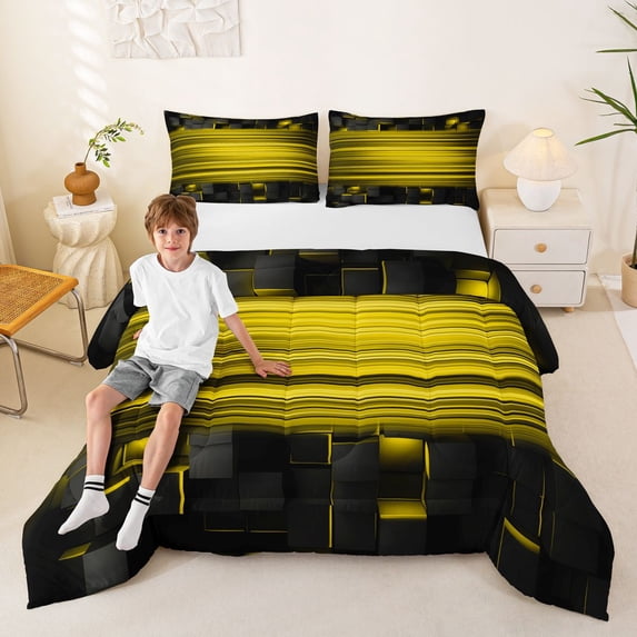Manfei 3D Cube Neon Light Queen Comforter Set, Yellow Gradient Stripe Comforter Sets Queen, Yellow Black, Black Reversible 3pcs, 1 Comforter and 2 Pillowcases