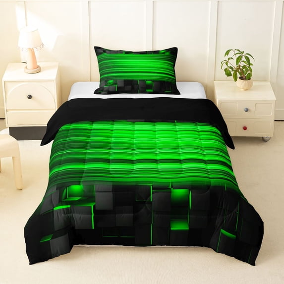 Manfei 3D Cube Neon Light Twin Comforter Sets, Green Gradient Stripe Bedding Set, Green Black, Black Reversible 2 Pieces, 1 Comforter and 1 Pillowcase