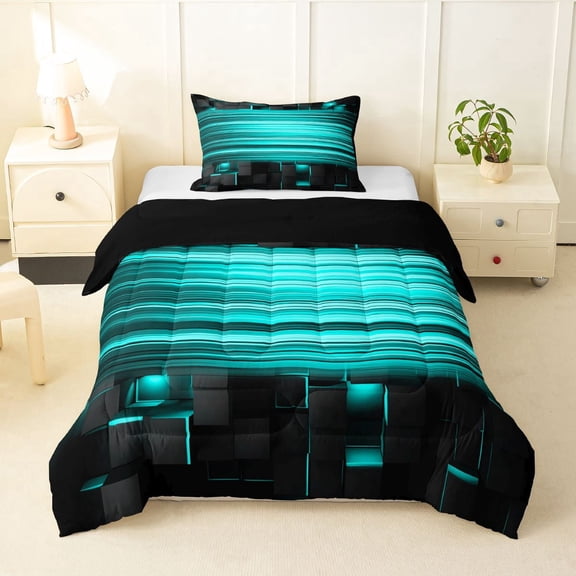 Manfei 3D Cube Neon Light Twin Comforter Sets, Teal Gradient Stripe Bedding Set, Teal Black, Black Reversible 2 Pieces, 1 Comforter and 1 Pillowcase