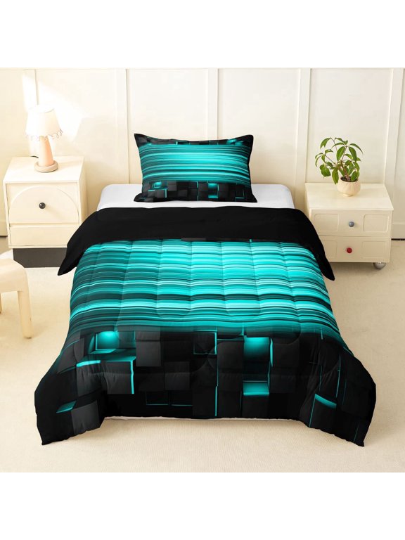 3D Cube Neon Light Twin Comforter Sets, Teal Gradient Stripe Bedding Set, Teal Black, Black Reversible 2 Pieces, 1 Comforter and 1 Pillowcase