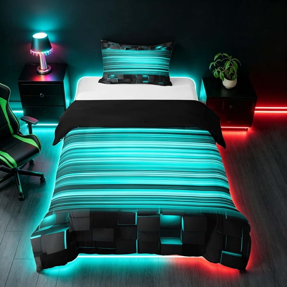 Manfei 3D Cube Neon Light Twin Duvet Cover, Teal Gradient Stripe Twin Bedding, Teal Black, Black Reversible 2 Pieces, 1 Duvet Cover and 1 Pillowcase