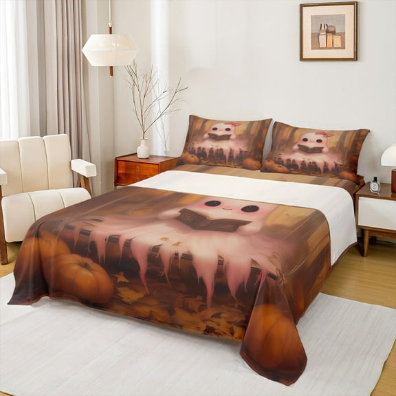 Manfei 3D Cute Bowknot Ghost Twin Sheet Sets, Happy Halloween Twin Fitted Sheet, Teens Boys Girls Kids Flat Sheet, Breathable Home Decor, 3pcs