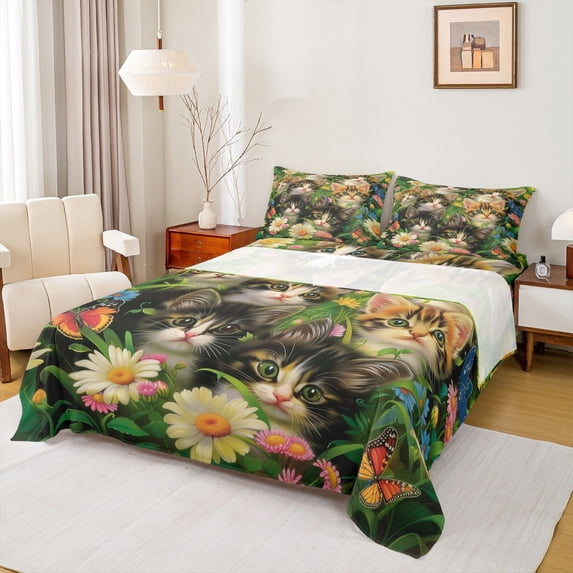 Manfei 3D Cute Cat Bed Sheets for Kids, Vintage Garden Floral King Sheets, Kawaii Animal Sheet Set, Ultra Soft Home Decor, 4pcs