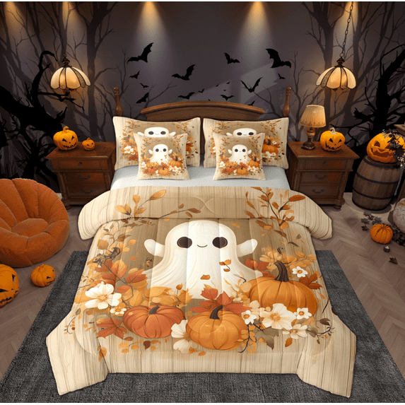 Manfei 3D Cute Ghost Bedding Comforter Set 7pcs for Teen, Jungle Orange Pumpkin Queen Bedding Sets, Rustic Groovy Flower Reversible Queen Sheet Sets, Microfiber Bedroom Decor
