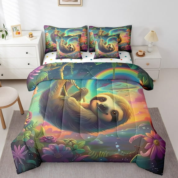 Feelyou 3D Cute Sloth Bedding Comforter Set 7-Piece, Dreamy Starry Sky King Bedding Sets, Animal Wildlife Bed Sheets, Breathable Room Decor