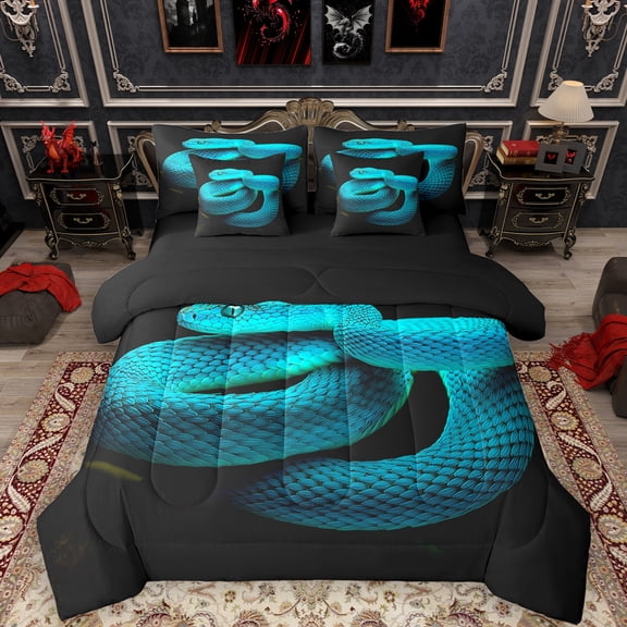 Manfei 3D Cyan Snake 7-Piece Bedding Comforter Set, Mystic Jungle Wildlife King Bedding Sets, Woodland Animal Reversible Bed Sheets, Luxury Bedroom Decor