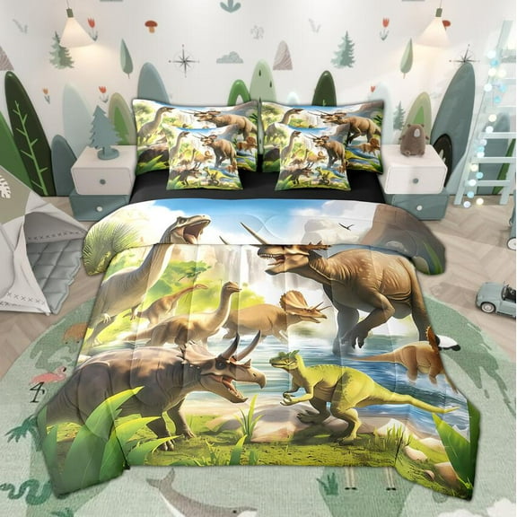 Manfei 3D Dinosaur Boy Bedding Comforter Set 7-Piece, Tyrannosaurus Rex Diplodocus King Bedding Sets, Wild Brachiosaurus Bed Sheets, Ultra Soft Room Decor