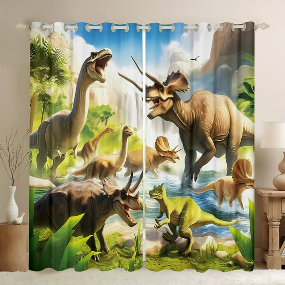 Manfei 3D Dinosaur Boy Blackout Curtains Set of 2 (52x84 Each), Tyrannosaurus Rex Diplodocus Window Curtains, Wild Brachiosaurus Curtains and Drapes, Luxury Room Decor