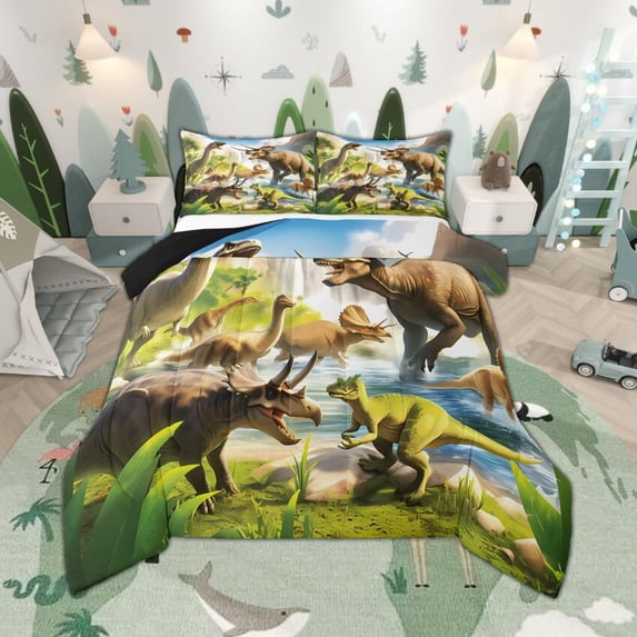Manfei 3D Dinosaur Boy Full Size Comforter Sets, Tyrannosaurus Rex Diplodocus Bedding Comforter Set, Wild Brachiosaurus Bedding Sets, Ultra Soft Room Decor Reversible 3 Pieces