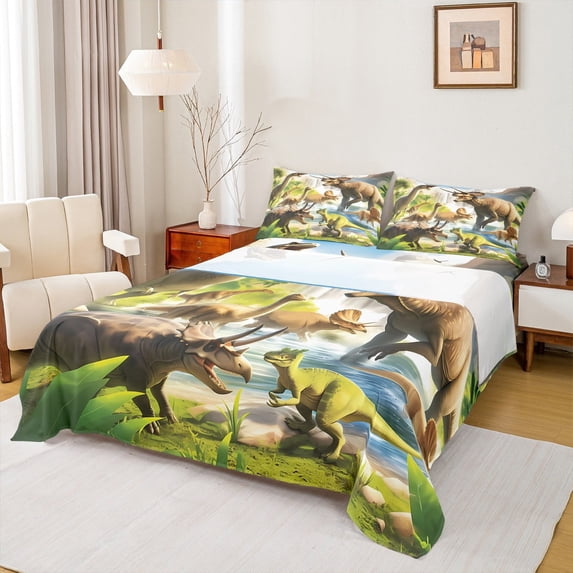 Manfei 3D Dinosaur Boy Full Size Sheets 4-Piece, Tyrannosaurus Rex Diplodocus Bed Sheets, Wild Brachiosaurus Sheet Sets, Ultra Soft Room Decor
