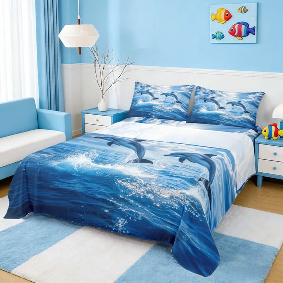 Manfei 3D Dolphin Full Size Sheets for Kids Boys and Girls, Marine Life Print Bed Sheets 4 Pieces, 1 Flat Sheet, 1 Fitted Sheet and 2 Pillowcases