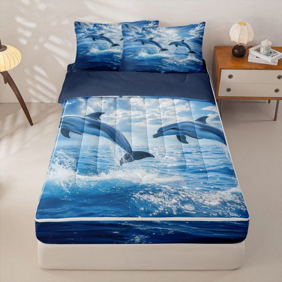 Manfei 3D Dolphin Zipper Twin Comforter Sets with Fitted Sheet and 2 Pillowcases for Kids Boys and Girls, Marine Life Print Zipper Bedding Set, Navy Reversible, 4-Piece