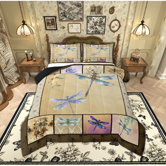 Manfei 3D Dragonfly Queen Comforter Set for Kids, Boho Insect Animal Bedding Sets, Vintage Patchwork Reversible Bedding Comforter Set, Lightweight Room Decor, 3 Pieces