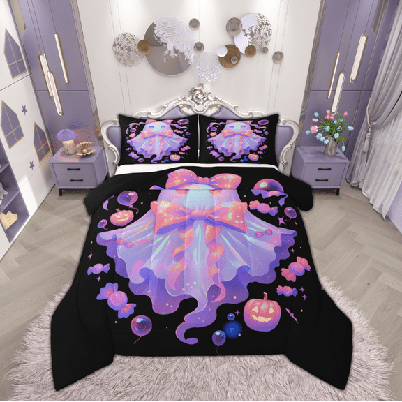 Manfei 3D Dreamy Ghost Bedding Comforter Set for Kid, Sugar Halloween Style Twin Comforter Sets, Kawaii Pumpkin Bat Reversible Bedding Set, Luxury Bedroom Decor, 2 Pieces