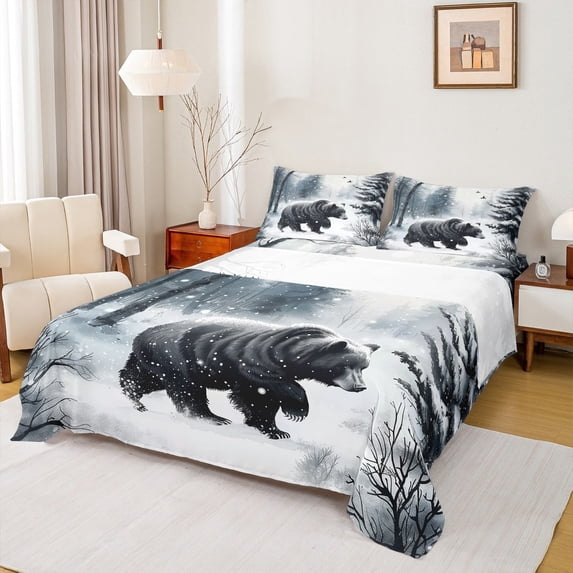 Manfei 3D Farmhouse Bear Queen Sheet Sets, Woodland Animal Flat Sheet, Teens Boys Girls Kids Queen Fitted Sheet, Ultra Soft Home Decor, 4pcs