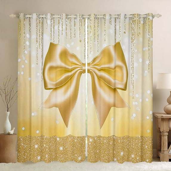 Manfei 3D Fashion Ribbon Blackout Curtains Set of 2 (52x84 Each) for Female, Chic Sequin Print Window Curtains, Glitter Yellow Diamond Curtains and Drapes, Living Room Curtains Decor