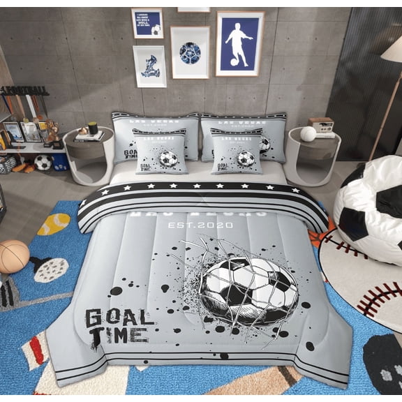 Manfei 3D Football Bedding Sets Full Size, Modern Ball Game Bed in a Bag Full size, Sliver White Reversible Comforter Sets with Sheets, Super Cozy Room Decoration, 7-Piece