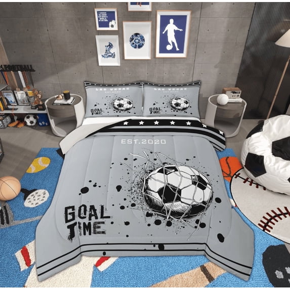 Manfei 3D Football Comforter Sets Twin Size, Modern Ball Game Comforters & Duvets, Sliver White Reversible Bedding Twin Comforter Set, Super Cozy Room Decoration, 2-Piece