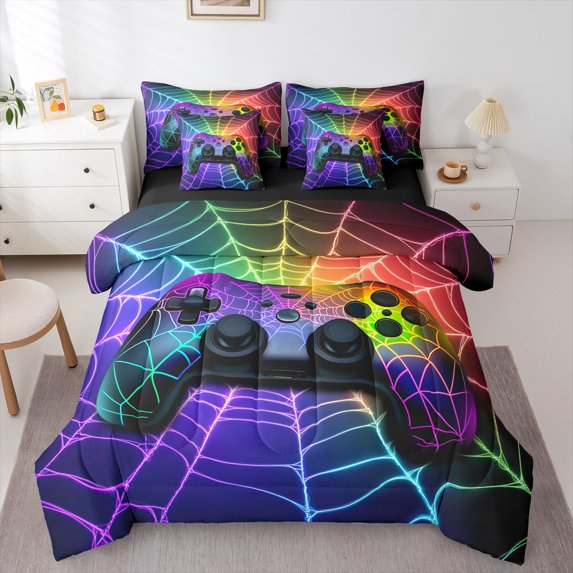 Manfei 3D Gamepad Bedding Comforter Set 7pcs for Teens, Neon Purple Spider Web Queen Bedding Sets, Modern Video Game Reversible Queen Sheet Sets, Super Cozy Room Decor
