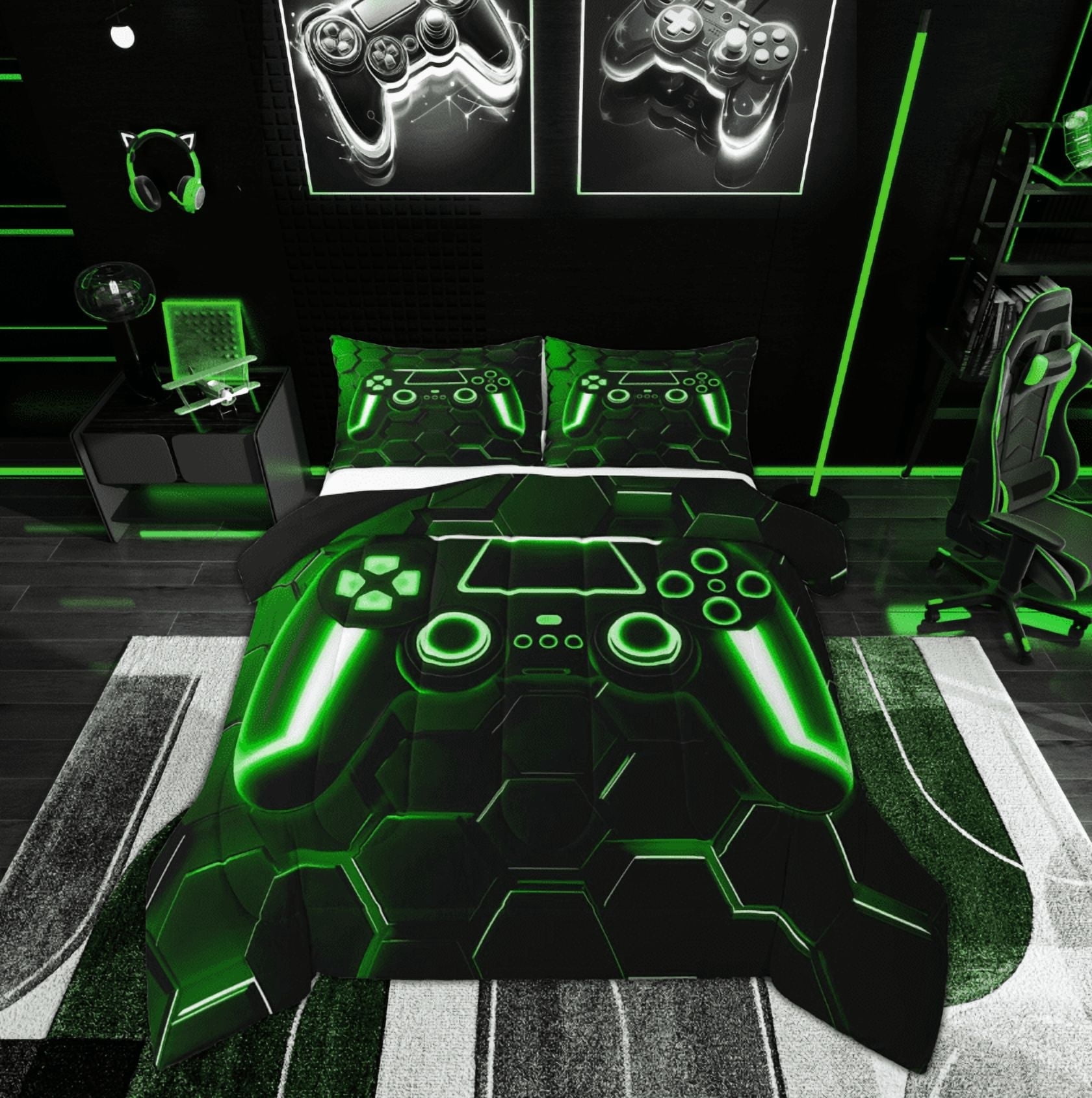 Feelyou 3D Gamepad Bedding Comforter Set, Neon Honeycomb Geometric Twin Comforter Sets, Boys Gaming Gamer Bedding Set, Ultra Soft Room Decor, 2pcs