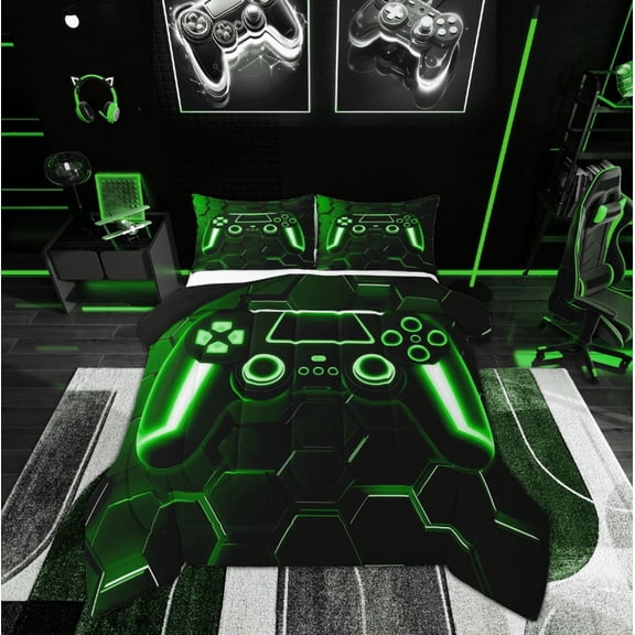 Feelyou 3D Gamepad Bedding Comforter Set, Neon Honeycomb Geometric Twin Comforter Sets, Boys Gaming Gamer Bedding Set, Ultra Soft Room Decor, 2pcs
