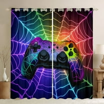 Manfei 3D Gamepad Black Out Curtains for Teens, Neon Purple Spider Web Curtains Pack of 2 (42x63 Each), Modern Video Game Bedroom Curtains, Window Curtains Room Decor
