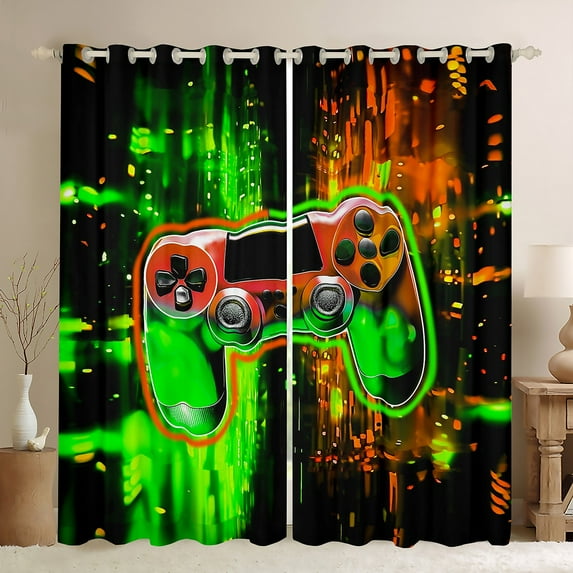 Manfei 3D Gamepad Blackout Curtains Set of 2 (52x84 Each),Gaming Gamer Window Curtains,Gradient Green Orange Curtains and Drapes For Boys Kids,Ultra Soft Home Decor