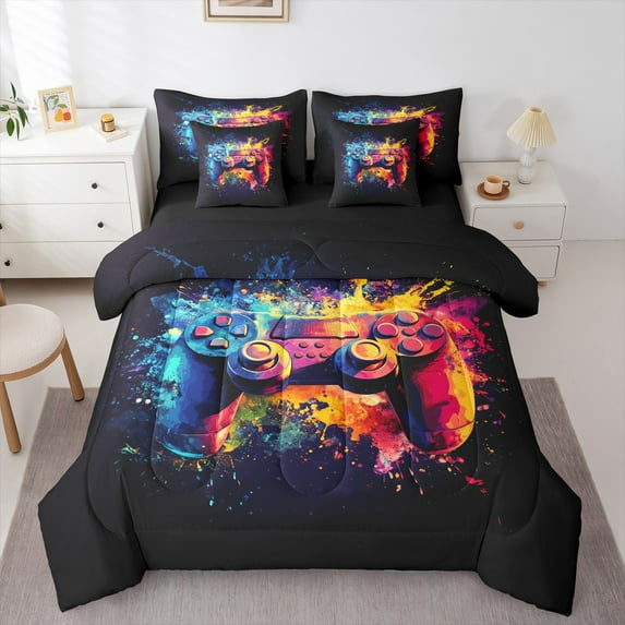 Manfei 3D Gamepad Boys Bedding Comforter Set 7 Pieces, Blue Orange Watercolor Full Bedding Set, Teens Gaming Gamer Reversible Fitted Sheet Flat Sheet, Luxury Bedroom Decor