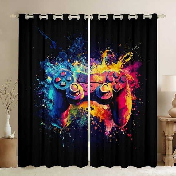 Manfei 3D Gamepad Boys Curtains Pack of 2 (42x84 Each), Blue Orange Watercolor Curtains Blackout, Teens Gaming Gamer Bedroom Curtains, Curtains and Drapes Decor