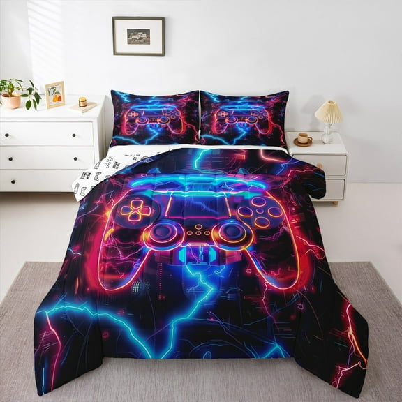Manfei 3D Gamepad Child Bedding Comforter Set, Neon Blue Lightning Twin Comforter Sets, Chic Game Console Reversible Bedding Set, Lightweight Room Decor, 2-Piece