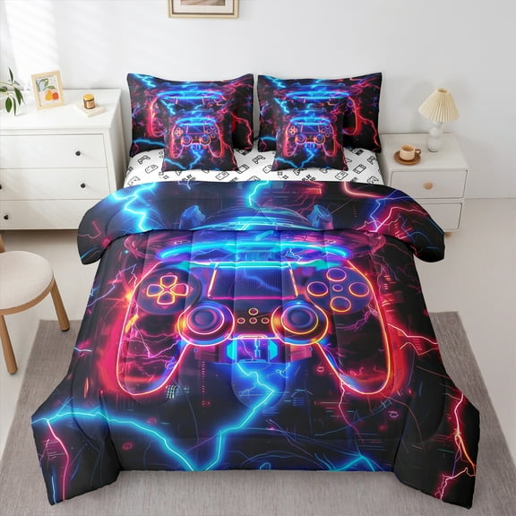 Manfei 3D Gamepad Child Twin Bedding Sets 7-Piece, Neon Blue Lightning Bedding Comforter Set, Chic Game Console Reversible Sheet Sets, Lightweight Room Decor