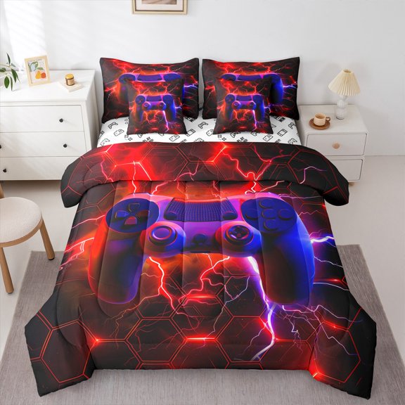 Manfei 3D Gamepad Child Twin Bedding Sets 7-Piece, Red Lightning Honeycomb Bedding Comforter Set, Chic Game Console Reversible Sheet Sets, Luxury Bedroom Decor