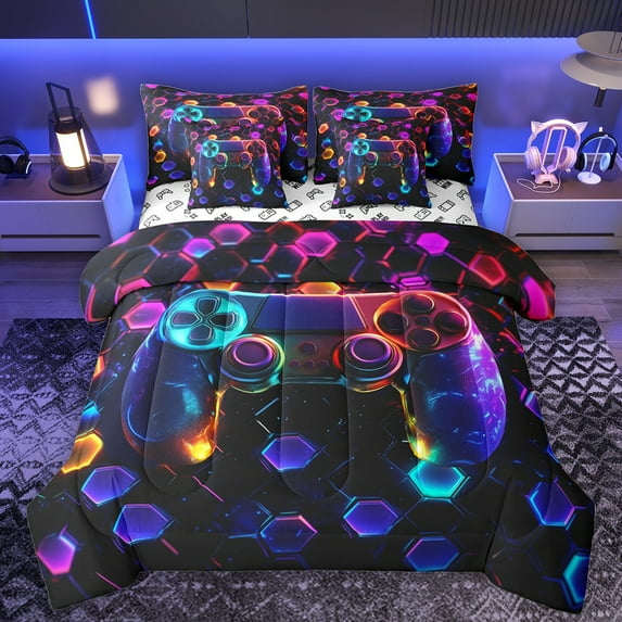 Manfei 3D Gamepad Gaming Bedding Comforter Set 7 Pieces for Kids, Mystic Stars Galaxy Full Bedding Set, Neon Colorful Honeycomb Reversible Fitted Sheet Flat Sheet, Breathable Home Decor