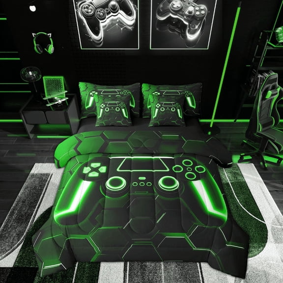 Feelyou 3D Gamepad Twin Bedding Sets 7-Piece, Neon Honeycomb Geometric Bedding Comforter Set, Boys Gaming Gamer Sheet Sets, Ultra Soft Room Decor