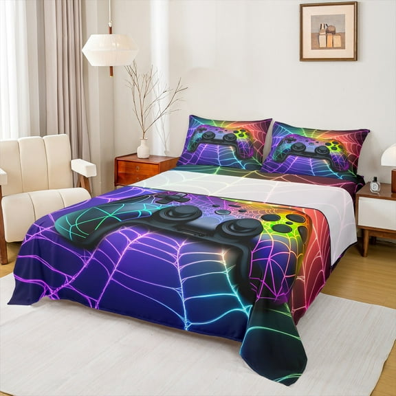 Manfei 3D Gamepad Twin Sheet Sets for Teens, Neon Purple Spider Web Twin Fitted Sheet, Modern Video Game Flat Sheet, Super Cozy Room Decor, 3-Piece
