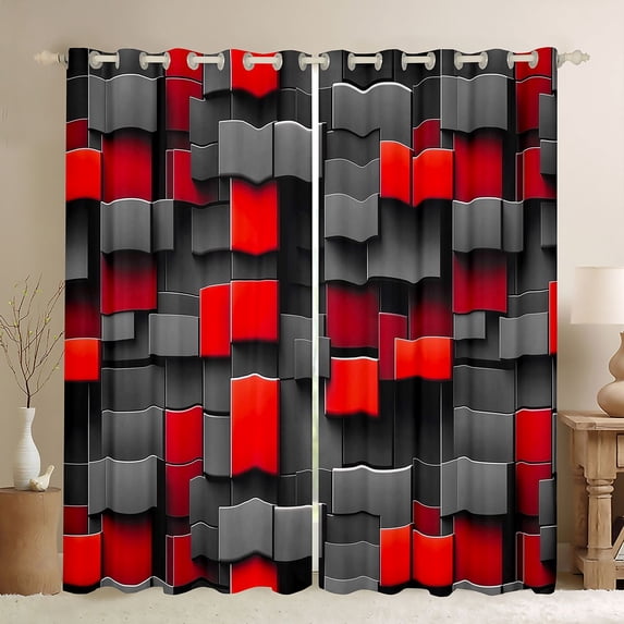 Manfei 3D Geometric Cubes Blackout Curtains Set of 2 (52x84 Each), Gray Red Checkered Curtain