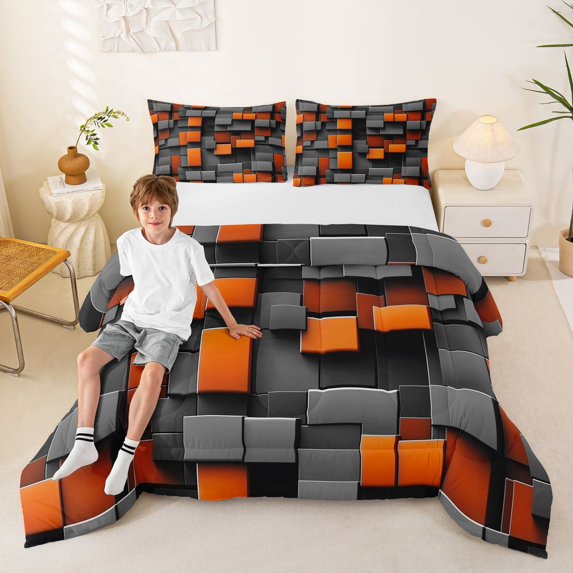 Manfei 3D Geometric Cubes Full Size Comforter Sets, Gray Orange Checkered Bedding Comforter Set, Black Reversible 3 Pieces, 1 Comforter and 2 Pillowcases