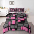 thumbnail image 1 of Manfei 3D Geometric Cubes Full Size Comforter Sets, Pink Gray Checkered Bedding Comforter Set, Black Reversible 3-Piece, 1 Comforter and 2 Pillowcases, 1 of 6