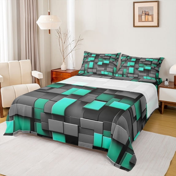 Manfei 3D Geometric Cubes Queen Sheets, Gray Teal Checkered Queen Sheet Sets, Black Reversible 4 Pieces1 Flat Sheet + 1 Fitted Sheet + 2 Pillowcases