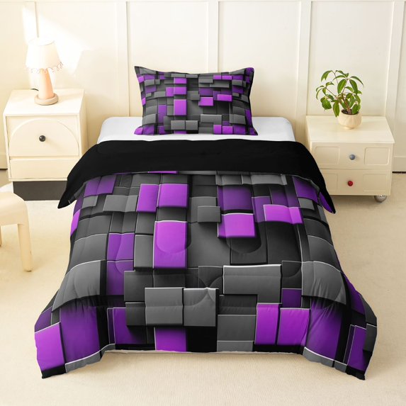 Manfei 3D Geometric Cubes Twin Comforter Sets, Gray Purple Checkered Bedding Set, Black Reversible 2pcs, 1 Comforter and 1 Pillowcase
