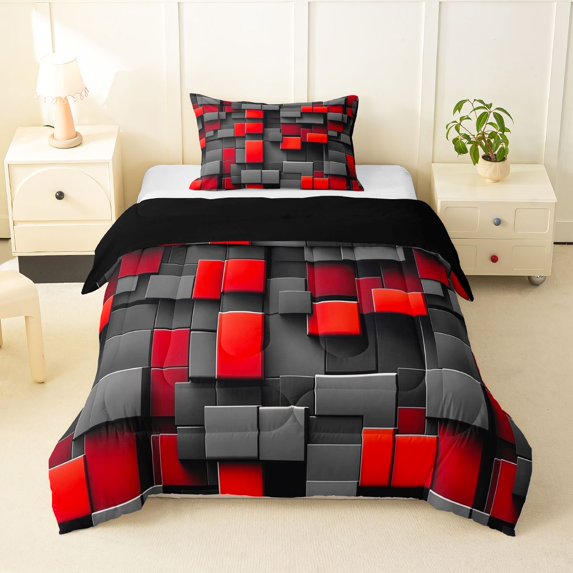 Manfei 3D Geometric Cubes Twin Comforter Sets, Gray Red Checkered Bedding Set, Black Reversible 2 Pieces, 1 Comforter and 1 Pillowcase